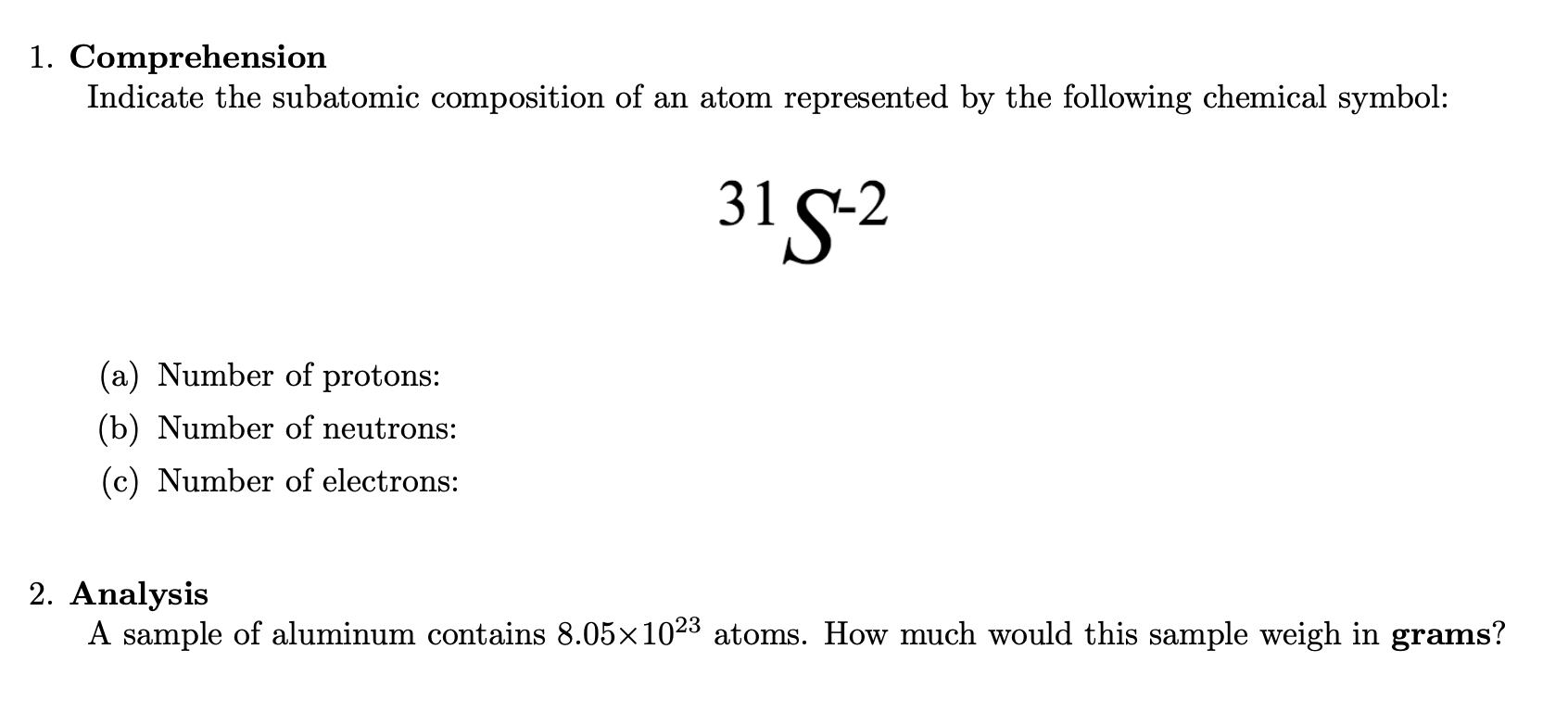 Sample assessment questions for CHEM 1340 SLO 1.1