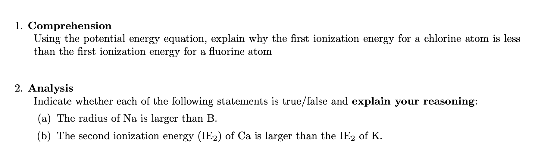 Sample assessment questions for CHEM 1340 OLD SLO 1.2